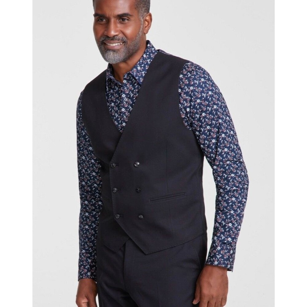 $115 BRAND NEW TAYION Mens XL Solid Black Double Breast Stretch Suit Jacket Vest